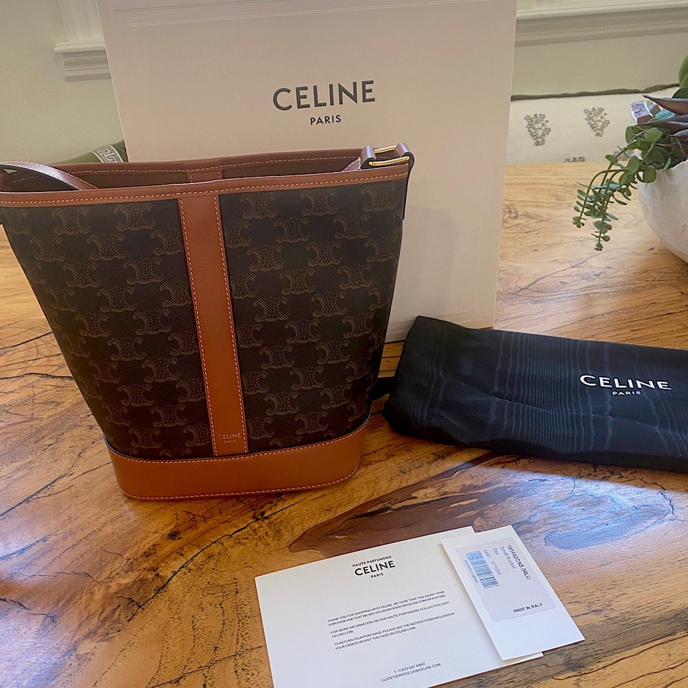 Authentic Celine Triomphe Small Bucket Bag in Canvas & Leather